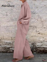 Women's Solid Color Casual Loose Stylish Long-sleeved Top Pocket Pants Two Piece Suit