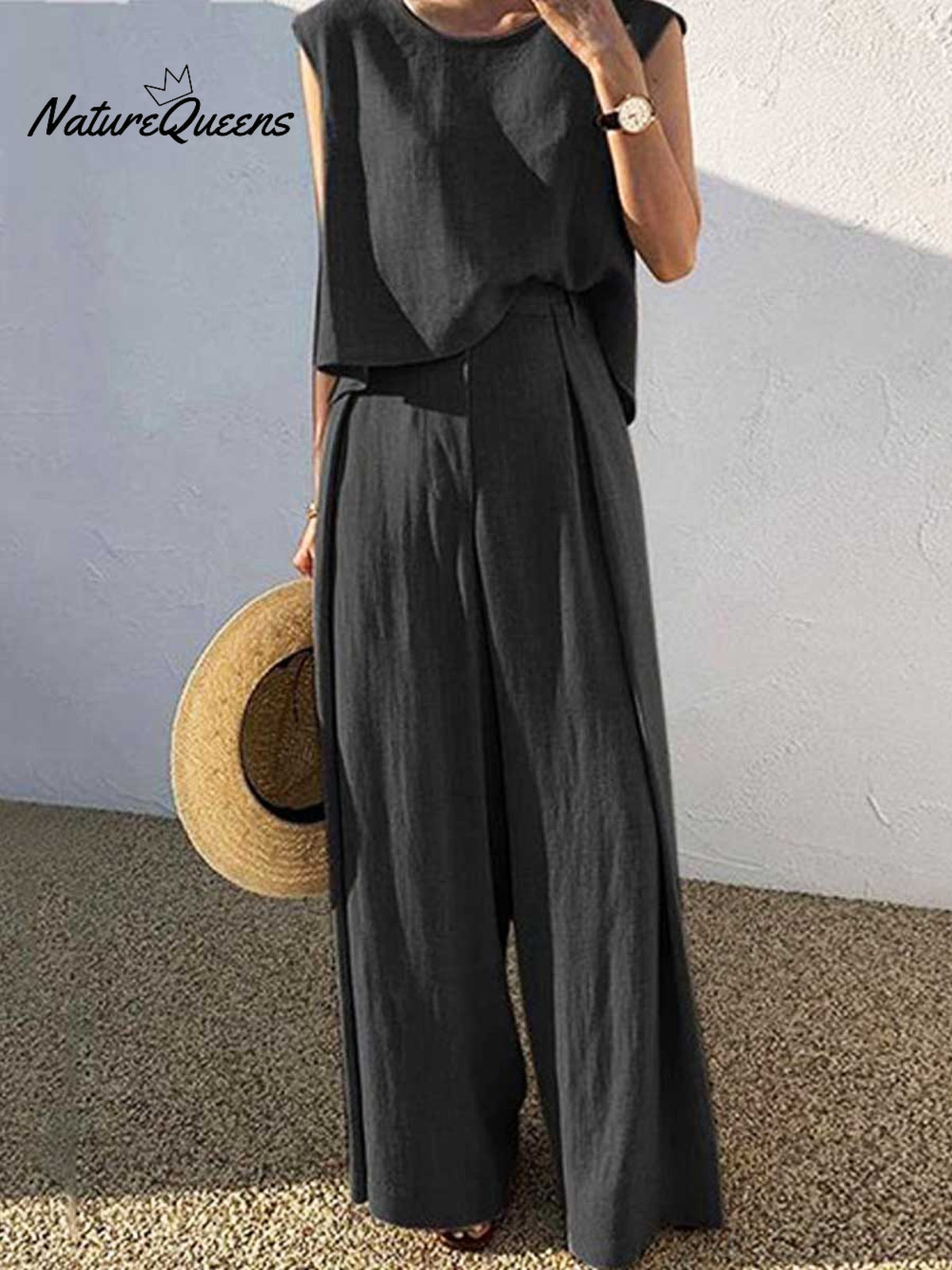 Women's Solid Color Casual Elegant Stylish Sleeveless Top Wide-leg Pants Two-piece Suit