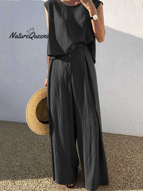 Women's Solid Color Casual Elegant Stylish Sleeveless Top Wide-leg Pants Two-piece Suit