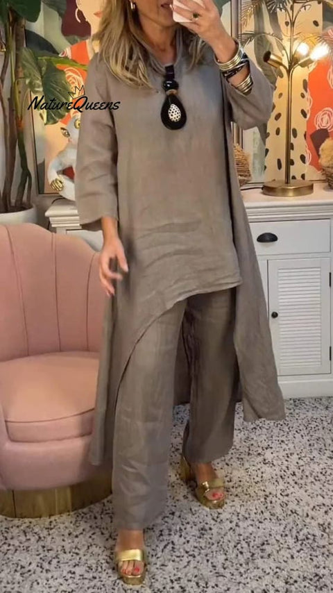 Women's Solid Color Casual Loose Stylish Top Pants Two Piece Suit
