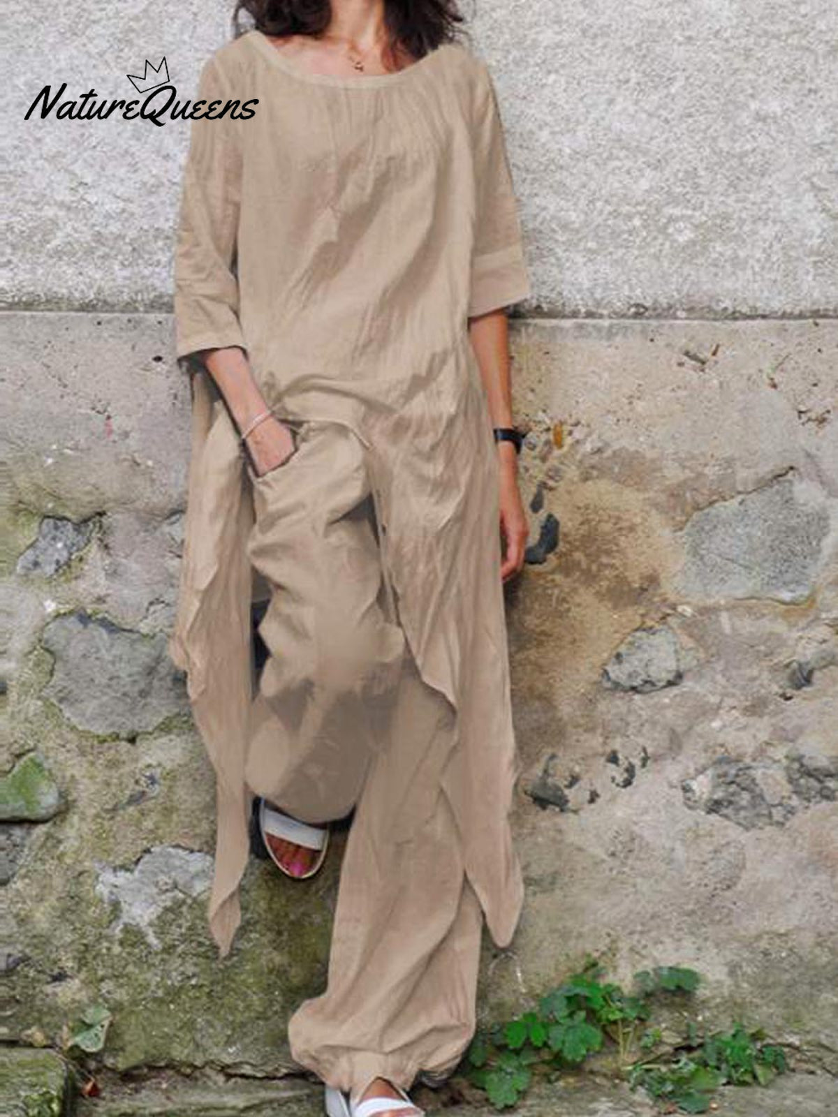 Women's Solid Color Casual Elegant Stylish Irregular hem Skirt Loose Pants Two Piece Suit