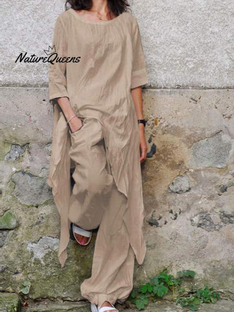 Women's Solid Color Casual Elegant Stylish Irregular hem Skirt Loose Pants Two Piece Suit