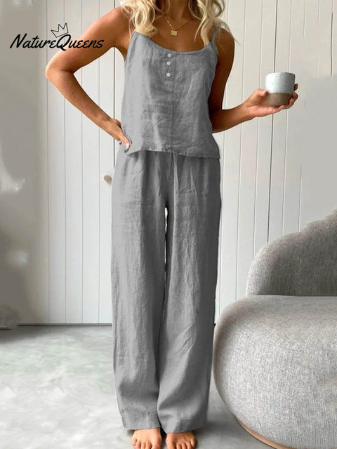 Women's Solid Color Casual Loose Elegant Stylish Sleeveless Top Pants Two Piece Suit