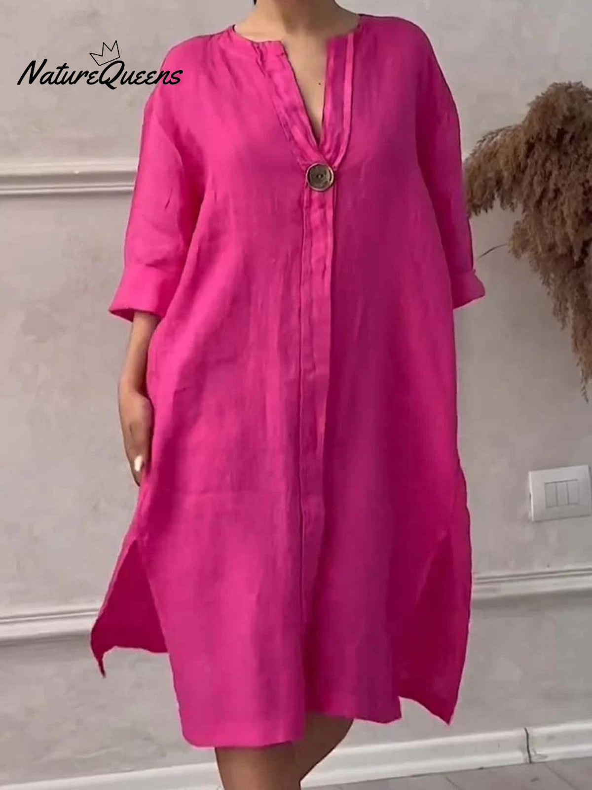 Women's Loose Stylish Solid Color Round Neck Button Cotton Linen Long Dress