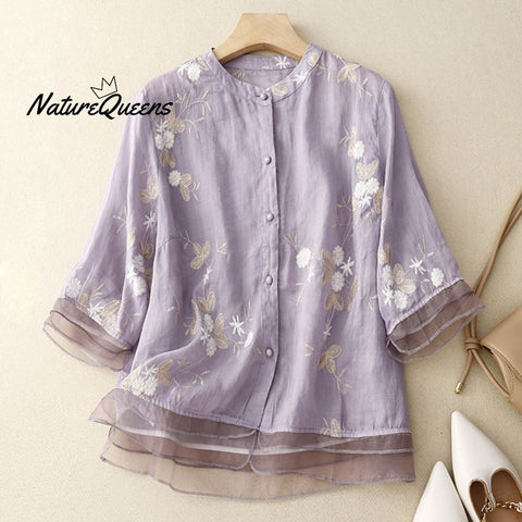 Women's Retro Floral Embroidered Style Art Loose Casual Shirt