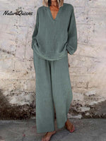 Women's Solid Color Casual Loose Stylish V-neck Long-sleeved Top Pocket Pants Two Piece Suit