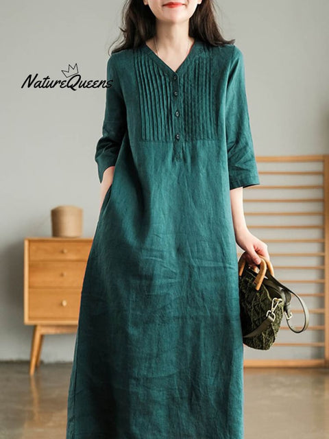 Women's Solid Color Loose Stylish Casual V-neck Long Dress