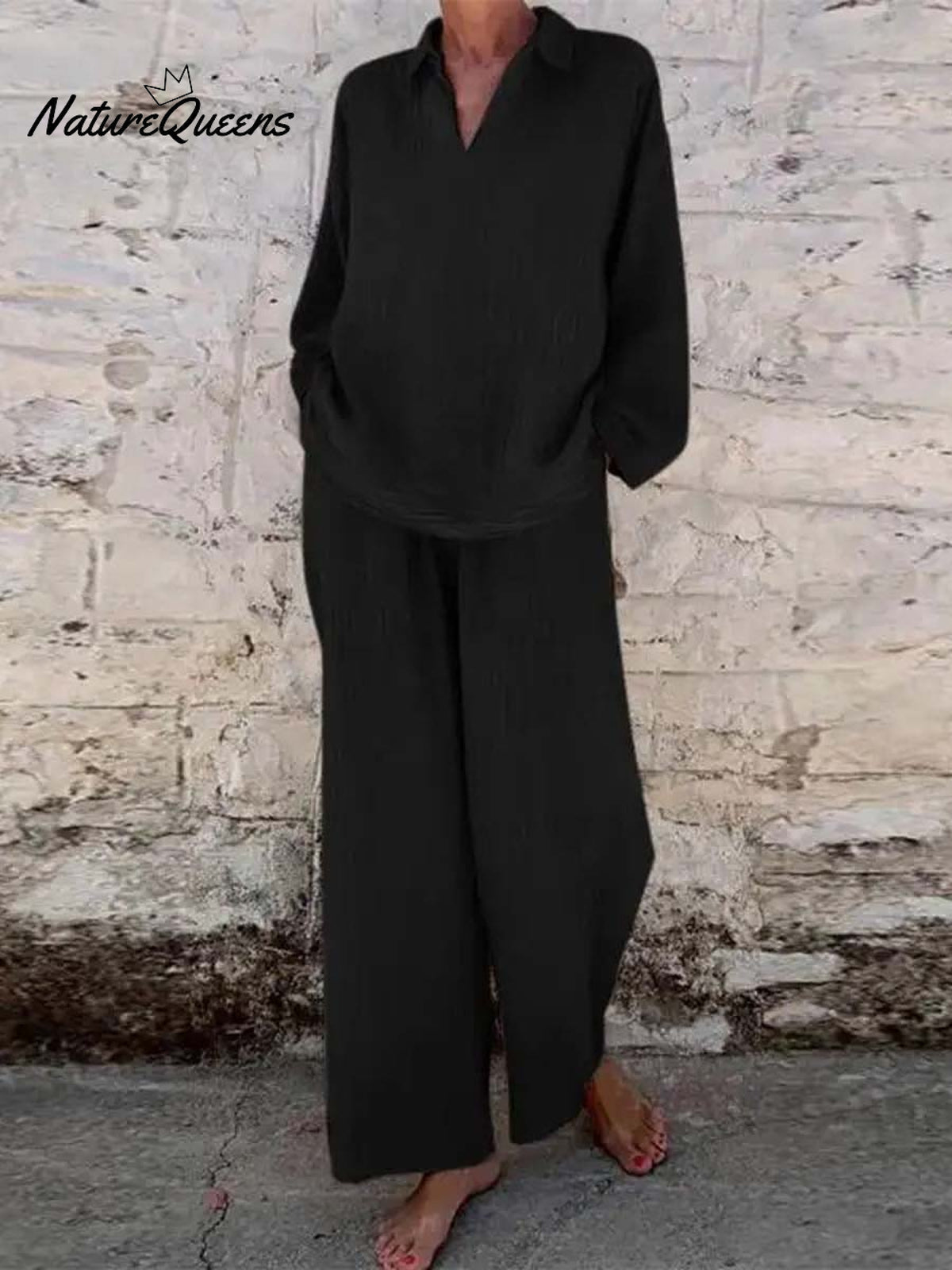 Women's Solid Color Casual Loose Stylish Long-sleeved Top Pocket Pants Two Piece Suit