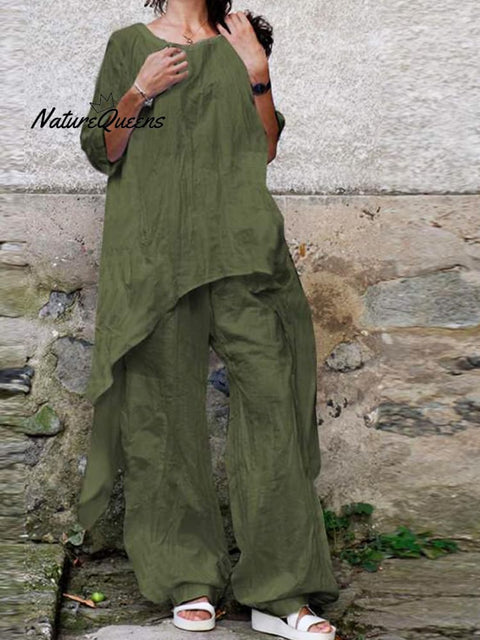 Women's Solid Color Casual Elegant Stylish Irregular hem Skirt Loose Pants Two Piece Suit