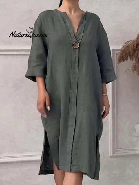 Women's Loose Stylish Solid Color Round Neck Button Cotton Linen Long Dress