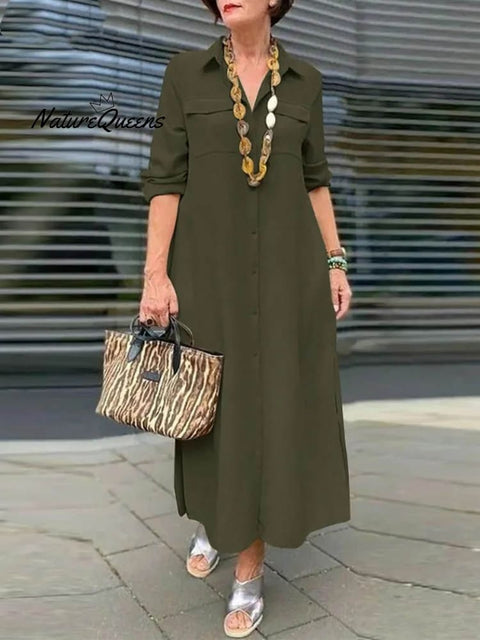 Women's Solid Color Loose Stylish Casual Lapel Long Dress