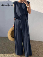 Women's Solid Color Casual Elegant Stylish Sleeveless Top Wide-leg Pants Two-piece Suit