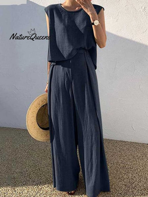 Women's Solid Color Casual Elegant Stylish Sleeveless Top Wide-leg Pants Two-piece Suit