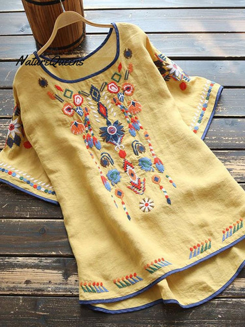 Women's Retro Ethnic Embroidered Style Loose Casual Cotton And Linen Shirt