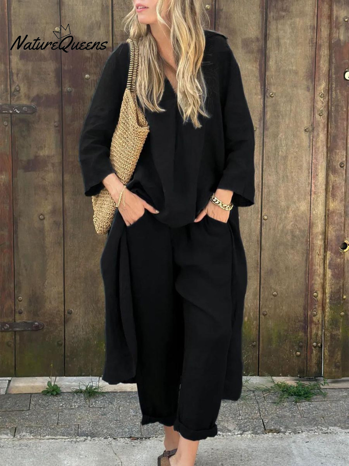 Women's Solid Color Casual Loose Elegant Stylish Skirt Pants Two Piece Suit