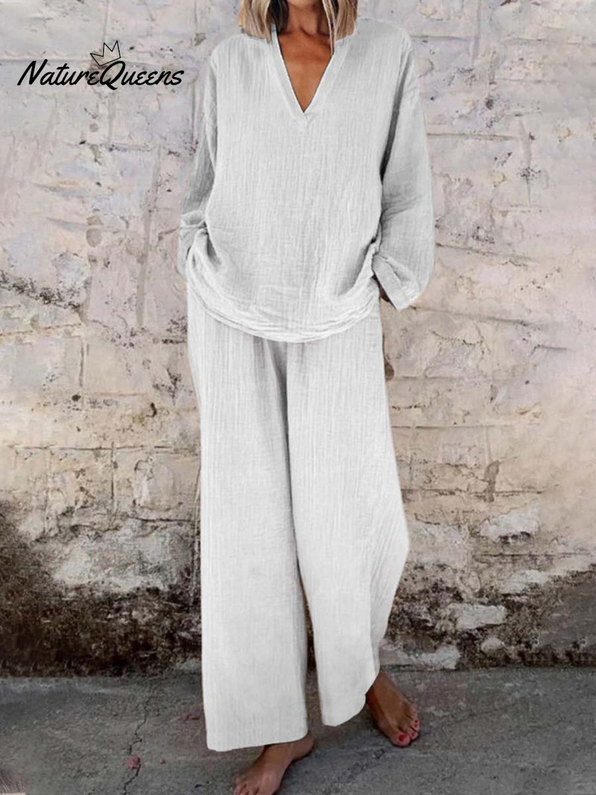 Women's Solid Color Casual Loose Stylish V-neck Long-sleeved Top Pocket Pants Two Piece Suit