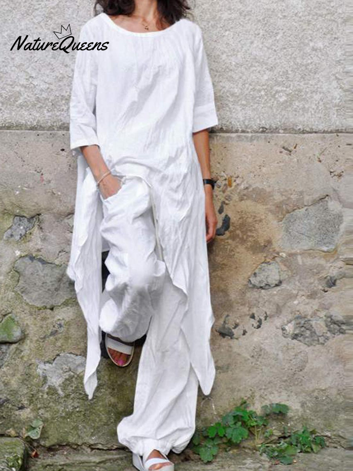 Women's Solid Color Casual Elegant Stylish Irregular hem Skirt Loose Pants Two Piece Suit