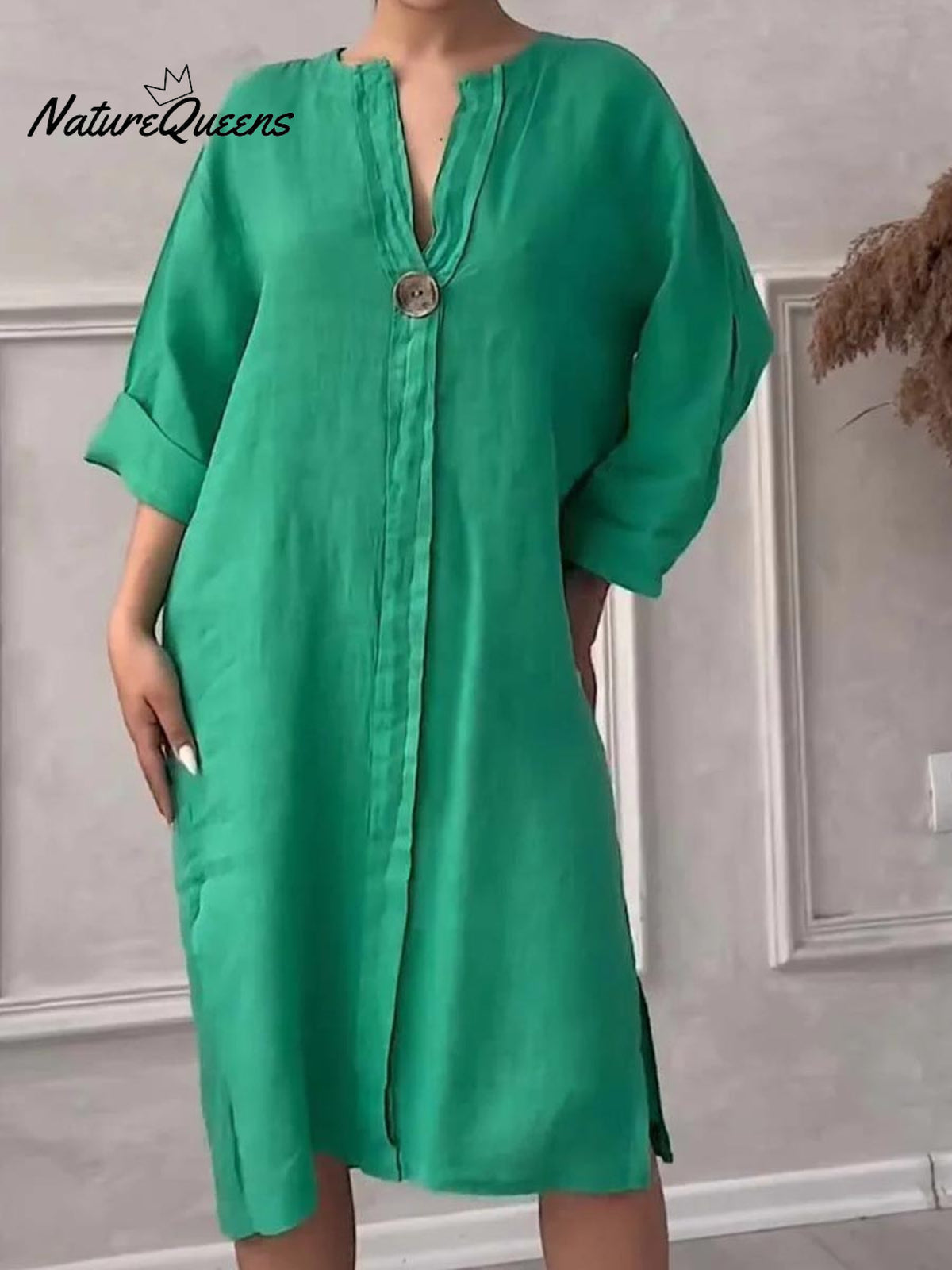 Women's Loose Stylish Solid Color Round Neck Button Cotton Linen Long Dress