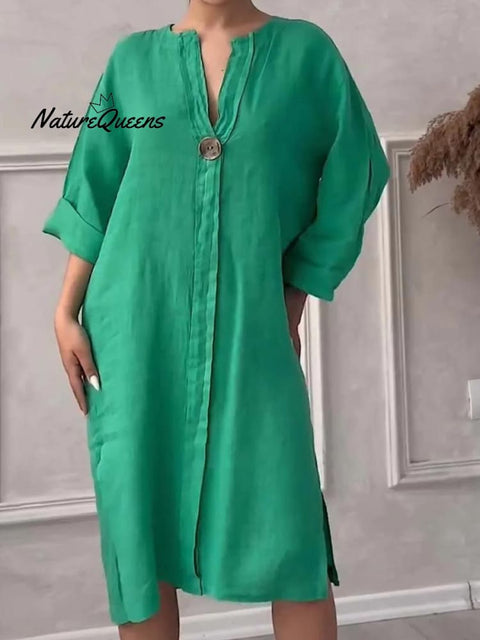 Women's Loose Stylish Solid Color Round Neck Button Cotton Linen Long Dress