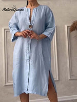 Women's Loose Stylish Solid Color Round Neck Button Cotton Linen Long Dress