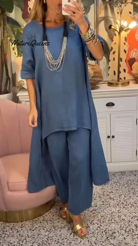 Women's Solid Color Casual Loose Stylish Top Pants Two Piece Suit