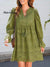 Women's Fringed V-neck Long-sleeve Hollow Lace Stylish Solid Color Cotton Dress
