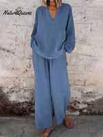 Women's Solid Color Casual Loose Stylish V-neck Long-sleeved Top Pocket Pants Two Piece Suit