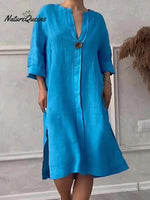 Women's Loose Stylish Solid Color Round Neck Button Cotton Linen Long Dress