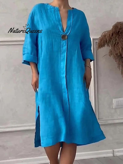 Women's Loose Stylish Solid Color Round Neck Button Cotton Linen Long Dress