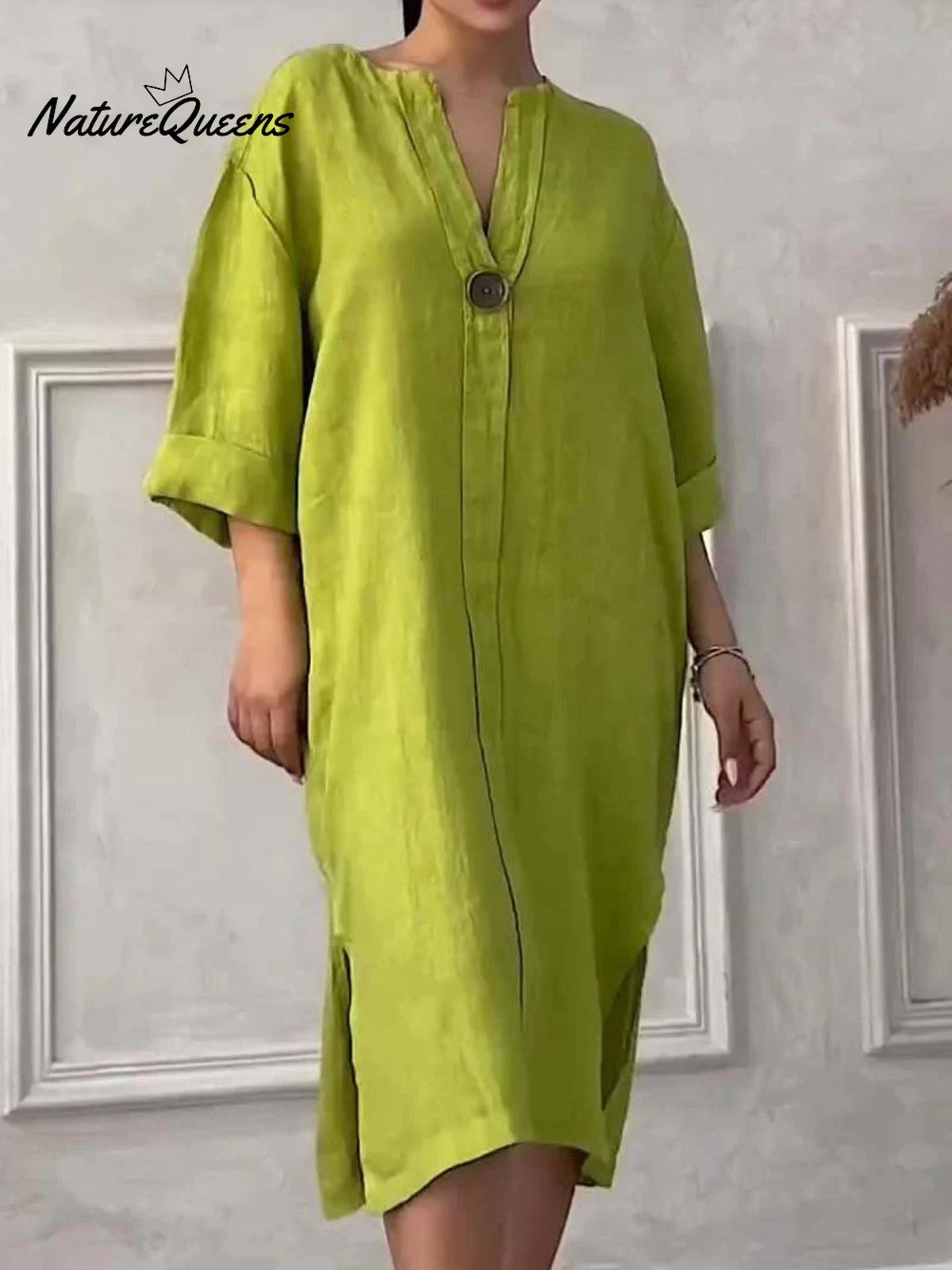 Women's Loose Stylish Solid Color Round Neck Button Cotton Linen Long Dress