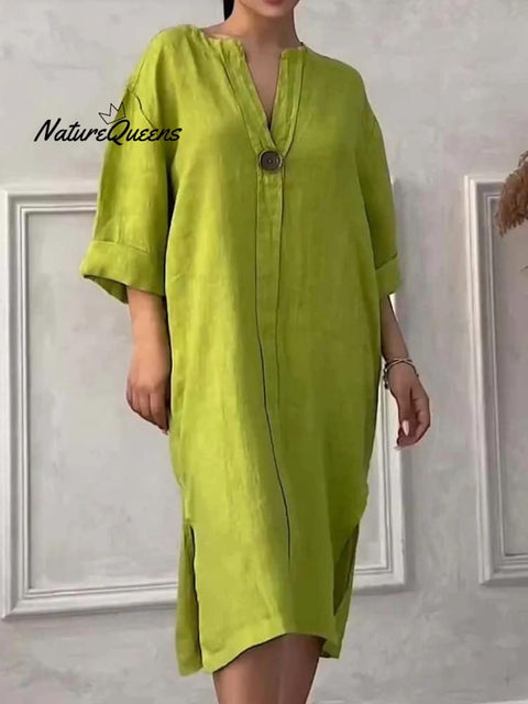 Women's Loose Stylish Solid Color Round Neck Button Cotton Linen Long Dress