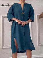 Women's Loose Stylish Solid Color Round Neck Button Cotton Linen Long Dress