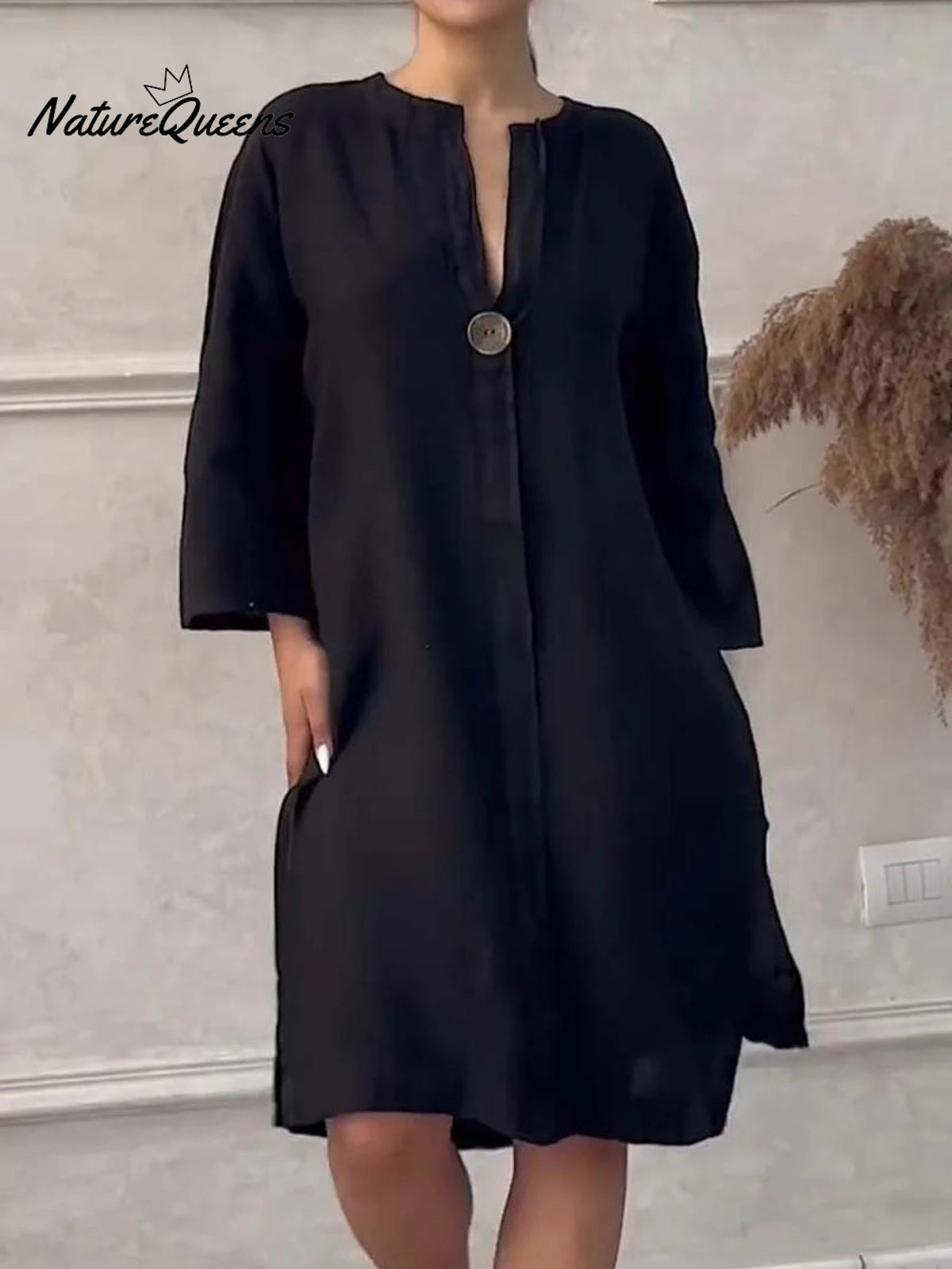 Women's Loose Stylish Solid Color Round Neck Button Cotton Linen Long Dress