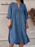 Women's Loose Stylish Solid Color Round Neck Button Cotton Linen Long Dress