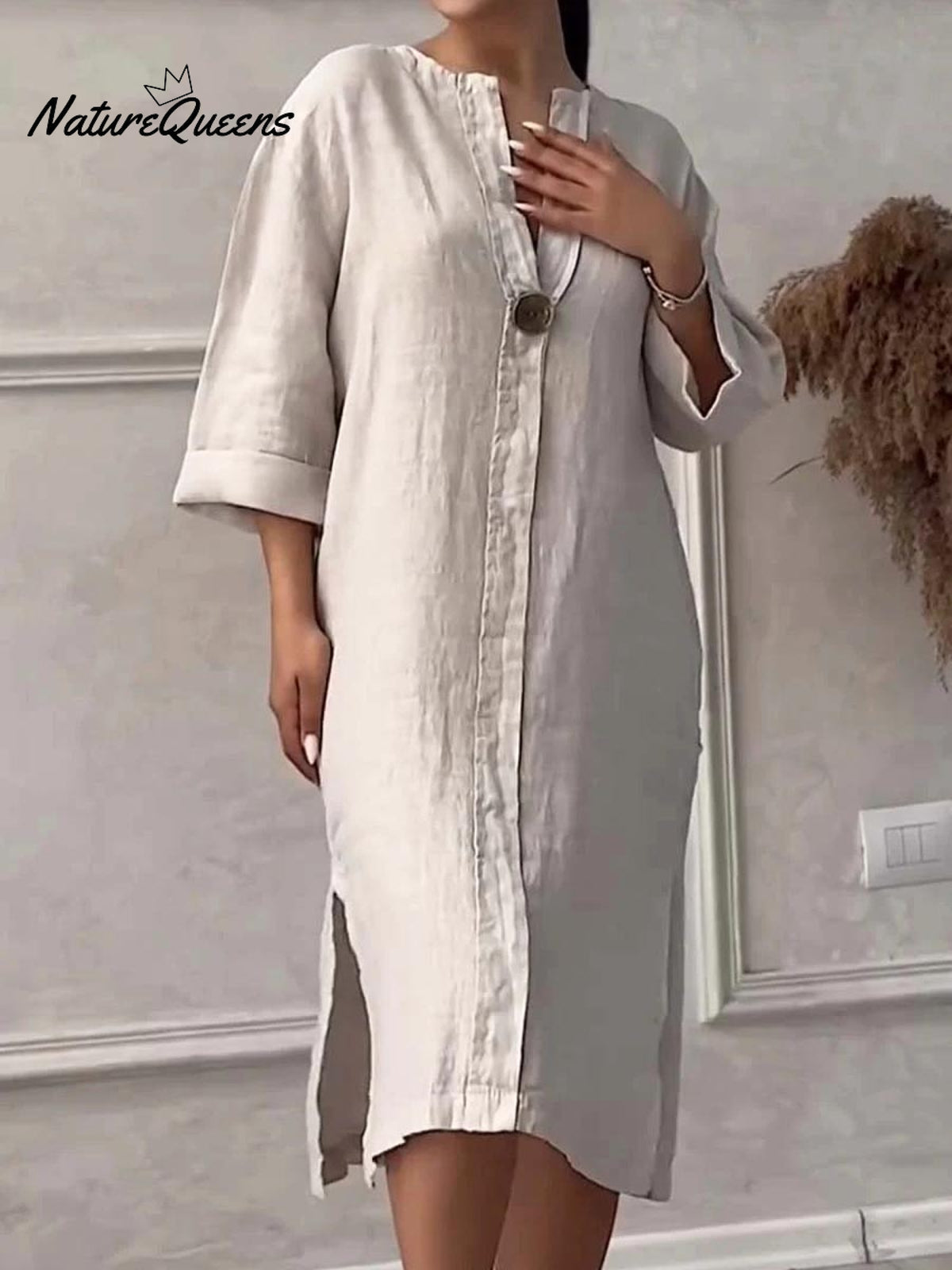 Women's Loose Stylish Solid Color Round Neck Button Cotton Linen Long Dress