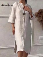 Women's Loose Stylish Solid Color Round Neck Button Cotton Linen Long Dress