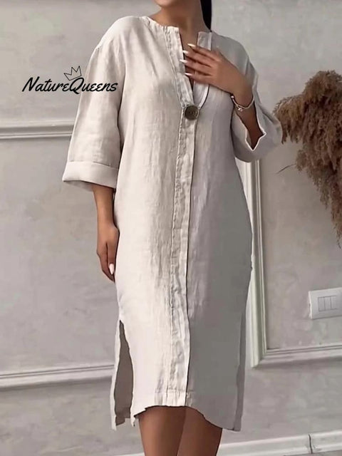Women's Loose Stylish Solid Color Round Neck Button Cotton Linen Long Dress