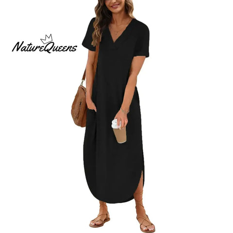 Serena ¨C Elegant Cotton Linen V-Neck Dress