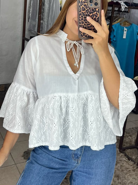 Women's Elegant Lace Flared Sleeve Shirt Top