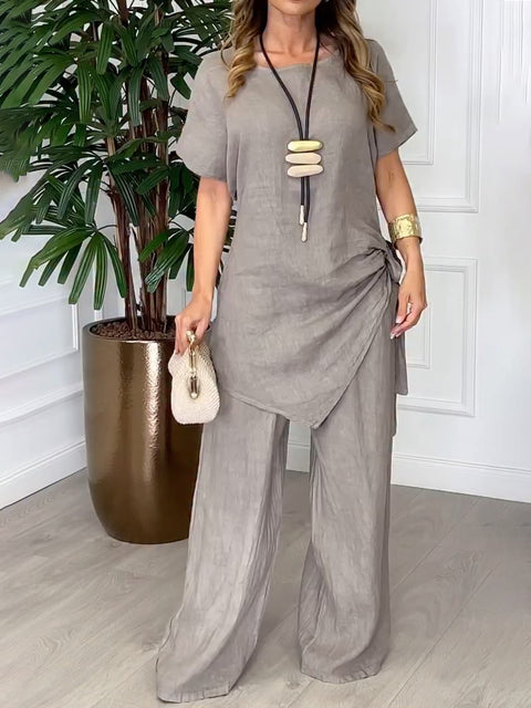 Women's Irregular Strap Linen Top and Pants Set