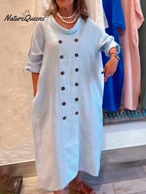 Women's Loose Button Cotton and Linen Dress
