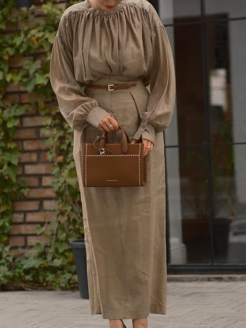 Pleated High Collar Shirt and Skirt Linen Two-piece Suit