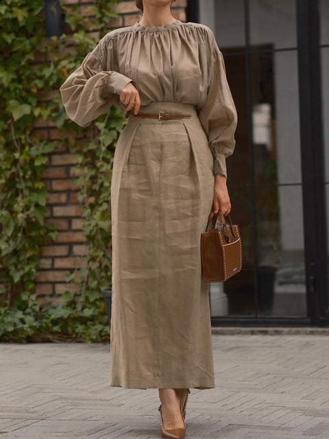 Pleated High Collar Shirt and Skirt Linen Two-piece Suit