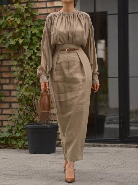 Pleated High Collar Shirt and Skirt Linen Two-piece Suit