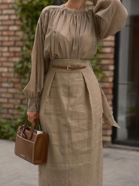 Pleated High Collar Shirt and Skirt Linen Two-piece Suit