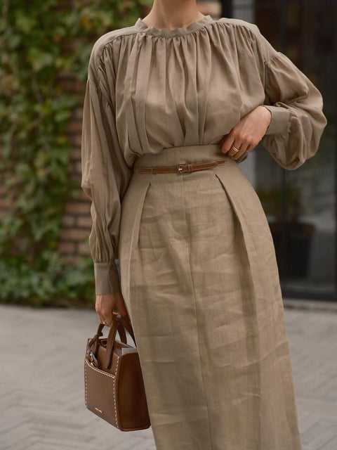 Pleated High Collar Shirt and Skirt Linen Two-piece Suit