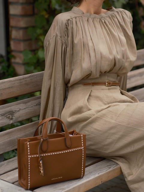 Pleated High Collar Shirt and Skirt Linen Two-piece Suit