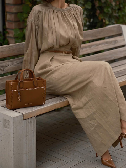 Pleated High Collar Shirt and Skirt Linen Two-piece Suit