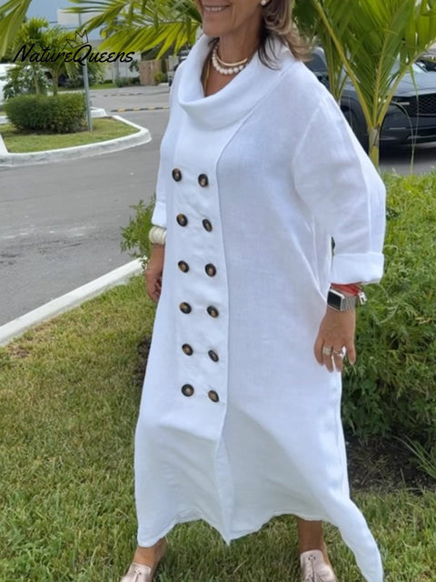 Women's Loose Button Cotton and Linen Dress