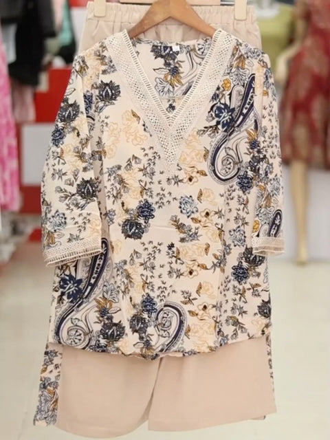 Women's Flower Print Lace Shirt and Pants Two-piece Set